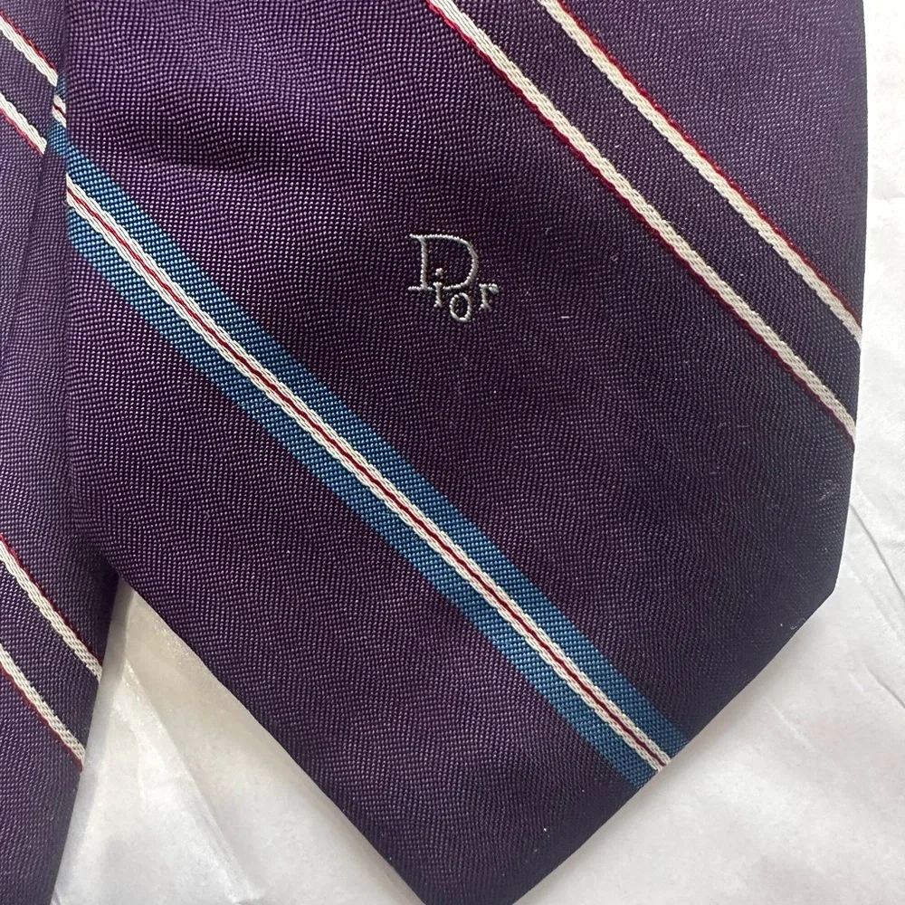 Christian Dior Mens Tie Purple Striped Made in Italy Designer Necktie